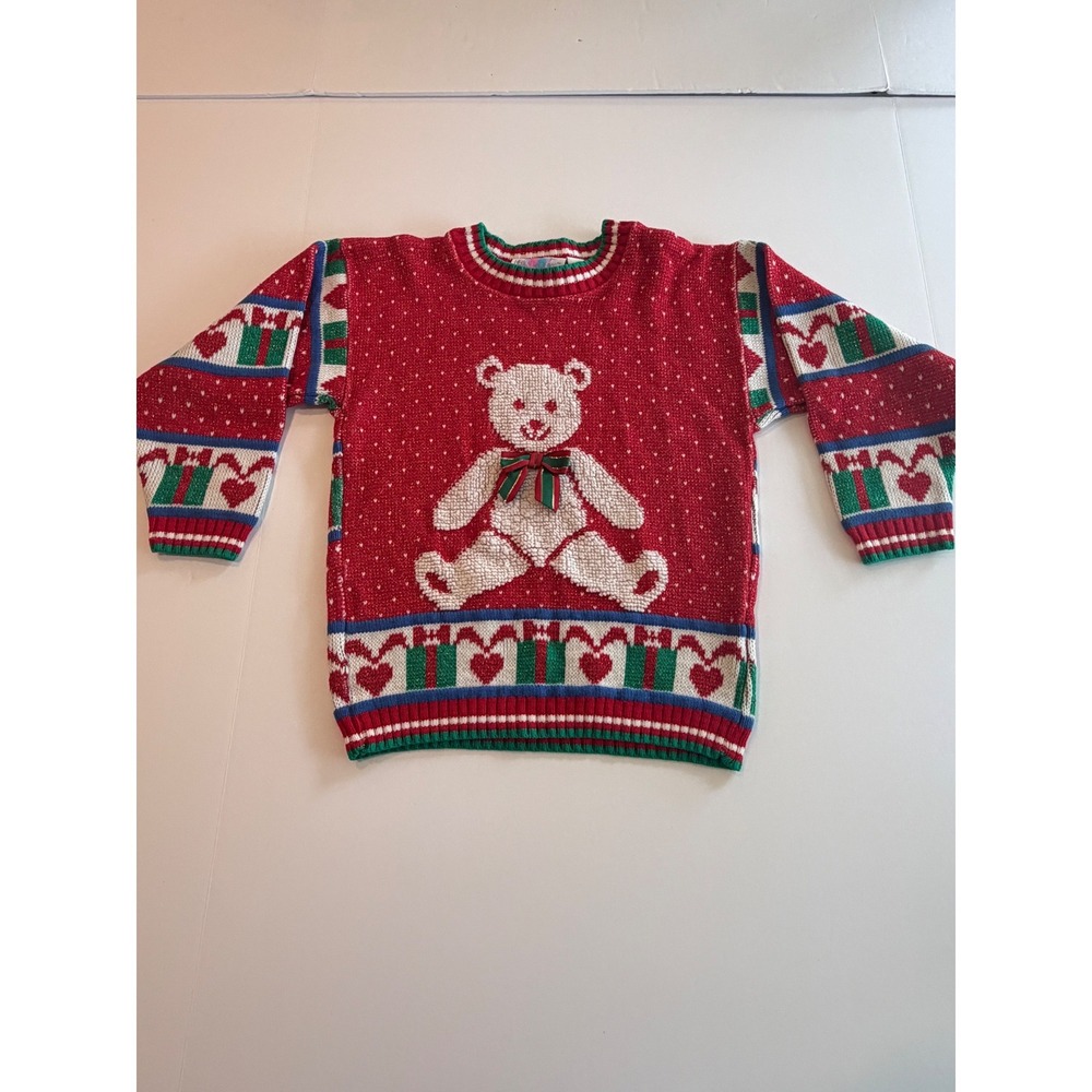 Vintage Heartworks Kids Red Metallic Teddy‎ Bear Christmas Sweater Size 6X Large